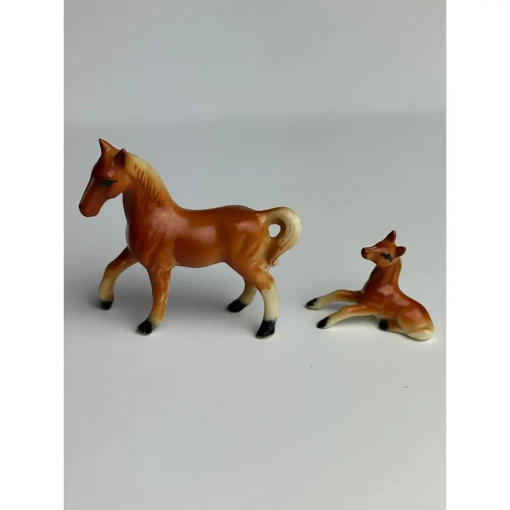 Vintage set miniature horses bone china chestnut brown figurines 1” and 2” flaw